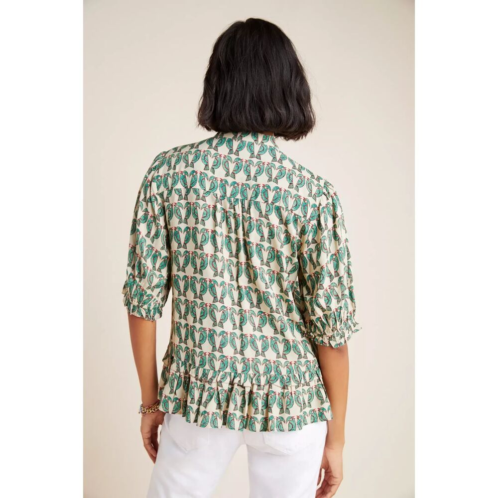 Maeve Anthropologie Birdie Ruffled Buttondown Blouse Sz 2 Tropical, Summer Boho - Picture 2 of 9